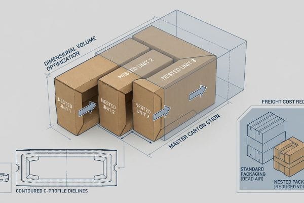 Nested Packaging Optimization Diagram Contoured C-Profile Dielines illustrate Nested Unit boxes optimizing Dimensional Volume for a Master Carton, reducing Freight Cost versus Standard Packaging.