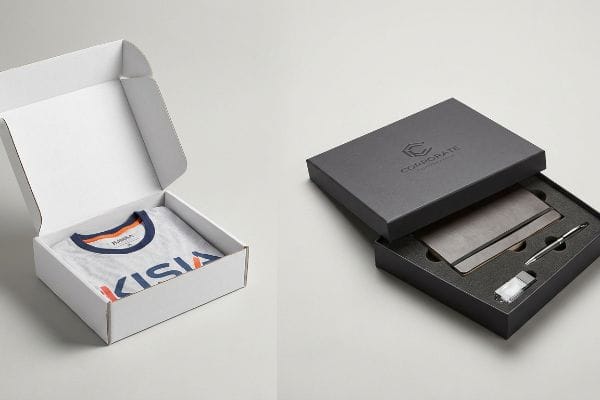 Corporate Gifting Boxes Corporate gift packaging options: white corrugated t-shirt box, dark rigid box with 'Corporate' logo, accessories.