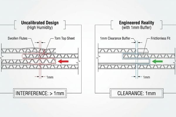 Wellpappe: Unkalibriertes Design (aufgequollene Wellen, eingerissene Decklage, >1 mm Überlappung) vs. Konstruierte Realität (1 mm Spiel, reibungslose Passung).