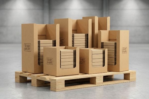 Cajas de flauta B de 32 ECT Cajas expositoras de cartón ondulado listas para la venta al por menor, marcadas como 32-ECT B-Flute, rellenas con insertos desmontados sobre un palé de madera.