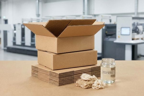 Wellpappenklebstoff & Zellstoff Wellpappkartons, flache Blätter und Zellstofffasern mit einem Behälter mit der Aufschrift „Wasserbasierter Klebstoff und Beschichtungspolymer“.