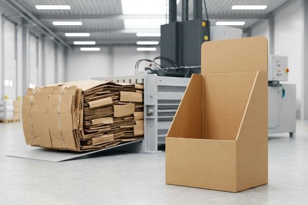 Cardboard Recycling Baler Display Brown corrugated cardboard display box in a warehouse with an industrial baler compacting baled cardboard for recycling.