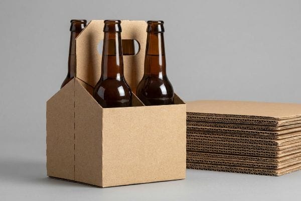 茶色の段ボール製の6本入りパックキャリアに琥珀色のビール瓶が詰められ、その横には平らなハイブリッド段ボールシートが積み重ねられており、丈夫な飲料パッケージが紹介されている。.