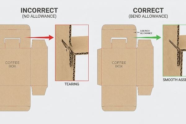 Bend Allowance Comparison Corrugated coffee box dieline comparison: Incorrect (No Allowance) causes tearing, while Correct (Bend Allowance) with 0.06-inch allowance ensures smooth assembly.
