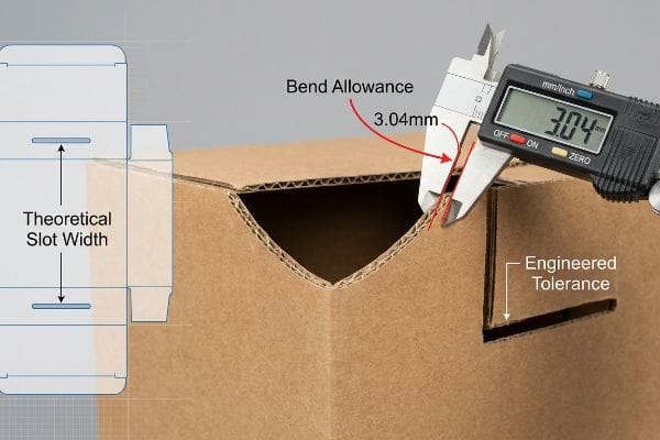 Digital caliper measuring a corrugated cardboard flap, showing 3.04mm Bend Allowance, alongside a dieline with Theoretical Slot Width and Engineered Tolerance.