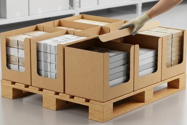 Corrugated cardboard retail-ready bins on a wooden pallet, filled with stacked products, as a gloved hand adjusts a divider.
