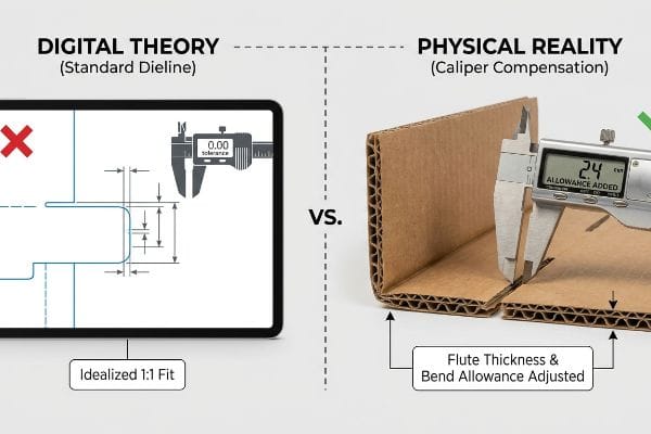 Caliper Compensation Reality Corrugated board caliper compensation: Digital Theory 0.00 tolerance vs. Physical Reality 2.4 Allowance Added.