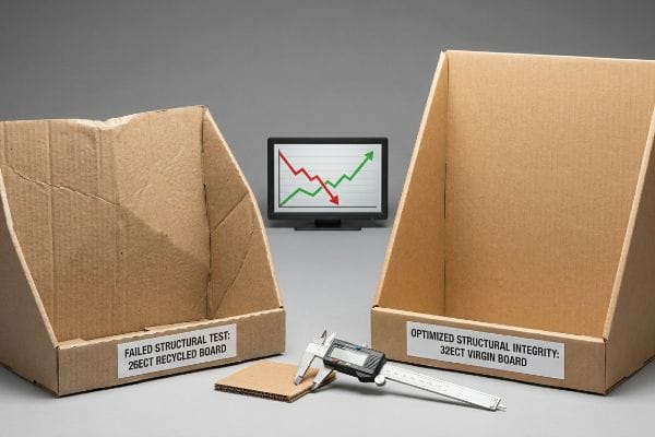 Board Grade Performance Caliper measures 26ECT recycled board (failed) vs. 32ECT virgin board (optimized), with performance graph.