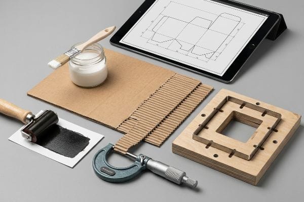 Caliper Compensation Tools Micrometer measuring corrugated board thickness, alongside a box dieline on a tablet, PVA glue, and a steel rule die.