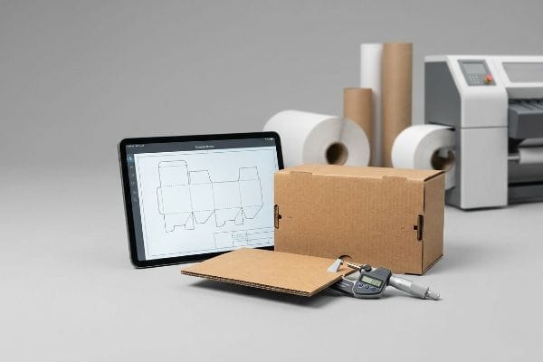 Packaging Dieline Caliper Measurement A digital micrometer precisely measures the thickness of corrugated cardboard, next to a tablet displaying a packaging dieline, with a brown box and paper rolls.