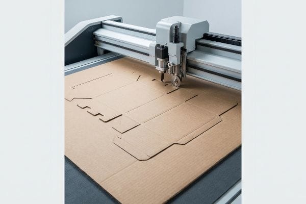 Brown corrugated board is precisely cut into a packaging prototype dieline by a CNC digital cutting table.