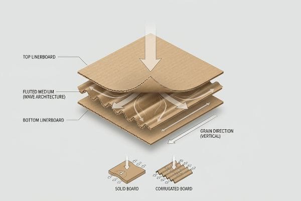Exploded isometric diagram details Corrugated Board's Top Linerboard, Fluted Medium (Wave Architecture), Bottom Linerboard, and vertical Grain Direction, contrasting its strength with Solid Board.