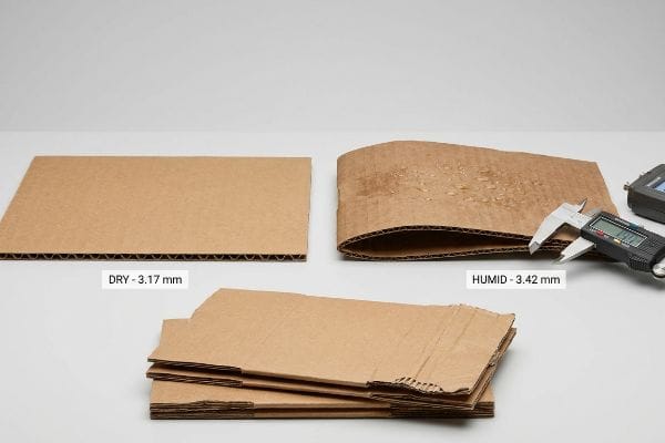 Corrugated board demonstrates moisture swelling, showing Dry 3.17 mm and Humid 3.42 mm measured by a digital caliper.
