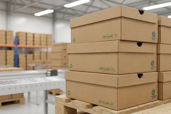 Stacks of brown corrugated board boxes, marked 100% Recyclable - OCC and Corrugated Board, on a wooden pallet in a warehouse.