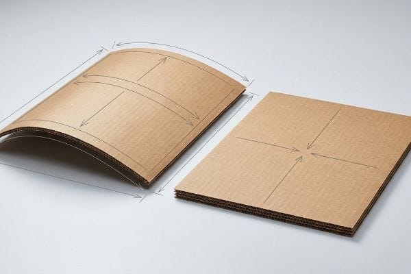 Corrugated cardboard pieces illustrate structural bowing and flat panel integrity, with arrows showing surface tension forces.