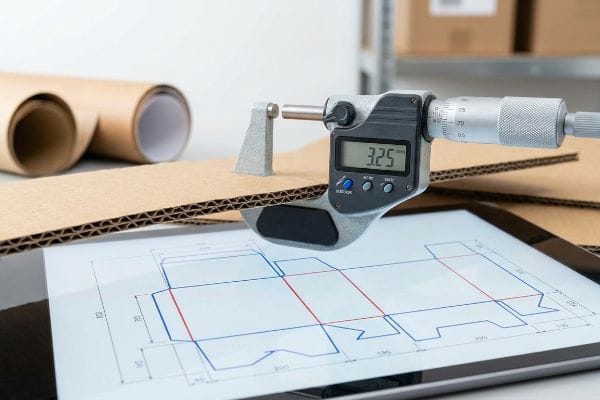 A digital micrometer measures 3.25 mm corrugated cardboard thickness, with a tablet displaying a packaging CAD drawing for precise board caliper.