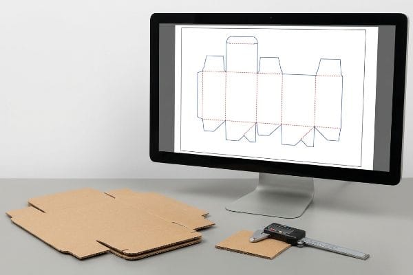 قياسات تصميم خطوط القوالب تصميم قالب من الورق المقوى المموج على شاشة CAD مع فرجار رقمي لقياس سمك اللوحة من أجل رسم هيكلي دقيق.