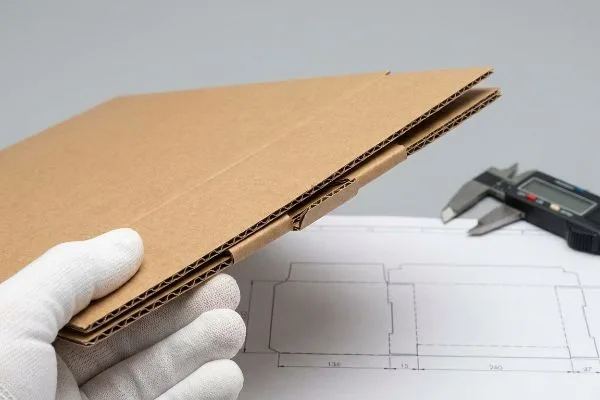 Braune Wellpappe, auf der die Dicke des Kartons und die B-Welle erkennbar sind, wird von einer behandschuhten Hand über einer Stanzlinie mit einem digitalen Messschieber gehalten.