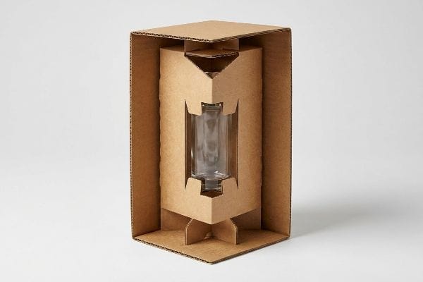 Corrugated Bottle Suspension Packaging Corrugated die-cut insert suspending a clear glass bottle, showcasing a geometric suspension void for protective packaging.
