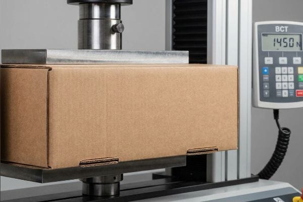 Brown corrugated box undergoing a Box Compression Test (BCT) on a machine displaying 1450N force.