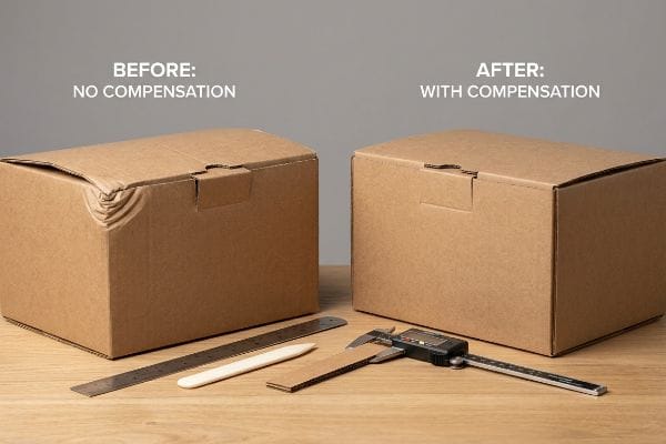 Box Caliper Compensation Corrugated boxes showing Before: No Compensation (crumpled corner) and After: With Compensation, with a digital caliper.