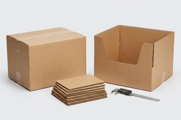 Corrugated Box Styles Display Kraft corrugated RSC and HSC boxes, with stacked cardboard inserts and a digital caliper, on a white background.
