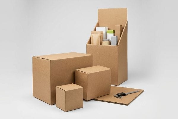 Various kraft corrugated boxes, a display unit with product packaging, and a caliper for custom sizing.