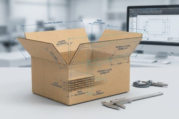 Brown corrugated box with engineering blueprints for Caliper Tolerance, Bend Allowance, and Internal Flute Geometry, next to a computer and measuring tools.