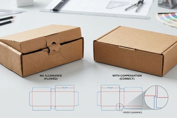 Brown corrugated boxes illustrating flawed 'No Allowance' design with bowed flaps versus correct 'With Compensation' design featuring 'Micro-Clearance' for proper assembly.