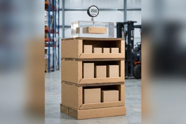 Цифровой манометр отображает вертикальное сжатие в 2500 фунтов на гофрированных коробках для демонстрации товаров на складе.