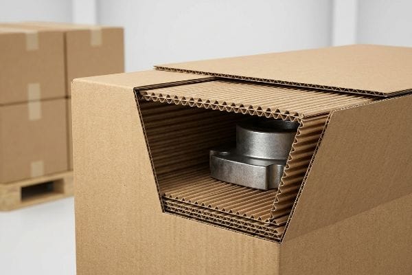 A cutaway view of a corrugated shipping box reveals a metal part cushioned by engineered fluted layers, demonstrating robust packaging for transit safety.