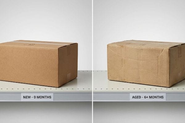 Two corrugated cardboard boxes on a shelf, comparing New - 0 Months packaging to Aged - 6+ Months with visible degradation.