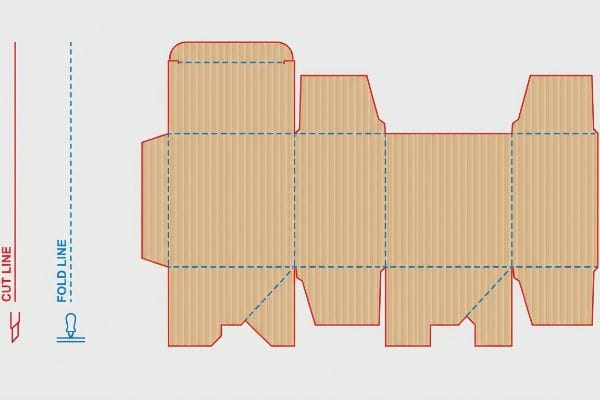 Illustrating a corrugated cardboard box dieline with red Cut Lines and blue dashed Fold Lines for packaging design.