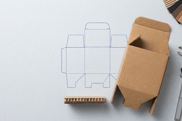 Custom Box Dieline Fluting An overhead view displays a brown corrugated cardboard box being assembled next to its blue dieline pattern and a sample of exposed fluting, illustrating custom packaging design.