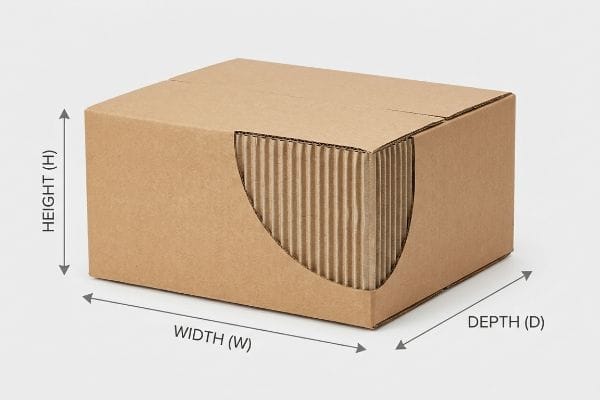 Brown corrugated cardboard box with a curved cutaway revealing vertical fluting, clearly labeled for Height (H), Width (W), and Depth (D) measurements.