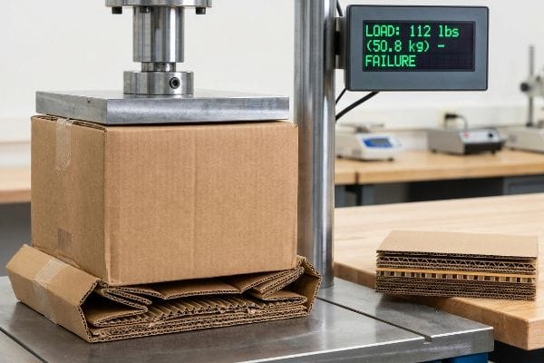 Collapsing corrugated cardboard box under a hydraulic press, with the digital display indicating 'Load: 112 Lbs (50.8 Kg) - Failure' during a BCT.