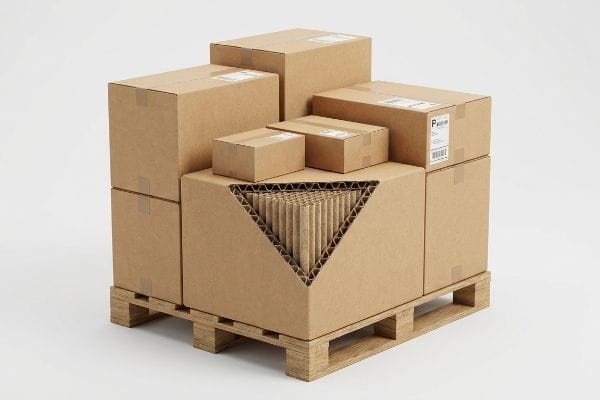 Wellpappenstruktur Braune, ungebrauchte Wellpappkartons aus Kraftpapier auf einer Holzpalette, ein Karton aufgeschnitten, um seine innere Wellenstruktur freizulegen.