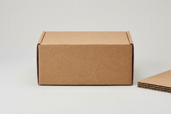E-commerce Corrugated Box Brown corrugated cardboard box for e-commerce transit, with a visible cross-section of corrugated flutes, representing SIOC packaging.
