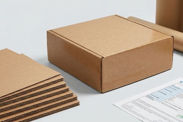 Brown corrugated shipping box with stacked flat cardboard sheets showing flutes, alongside a document with 'PA' text, representing sustainable packaging.