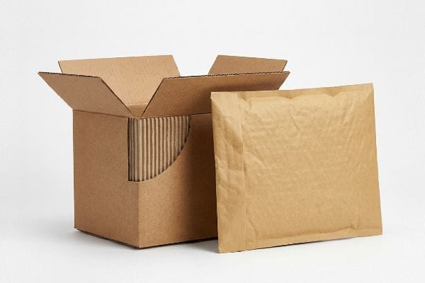Karton und gepolsterter Versandbeutel Ein Versandkarton aus Kraftpapier mit sichtbaren Welleneinlagen liegt neben einem braunen gepolsterten Versandkarton und verdeutlicht die verschiedenen Verpackungsoptionen.