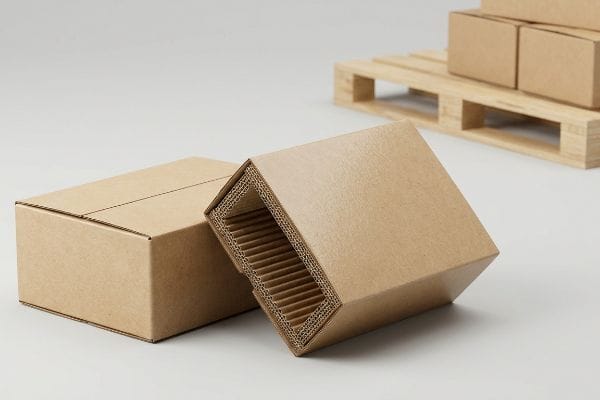 Corrugated Box Structural Integrity Virgin kraft corrugated box revealing internal fluting, alongside a closed carton, highlighting structural integrity for shipping.