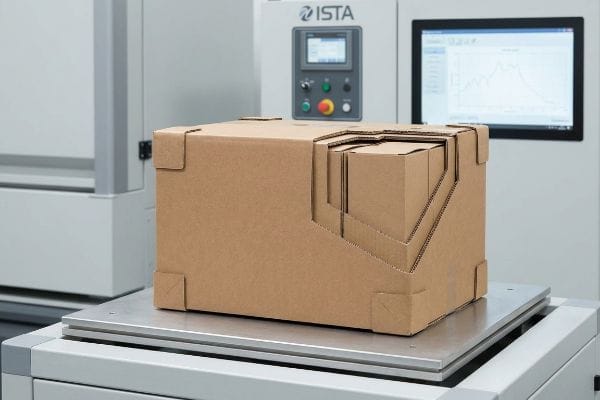 ISTA Box Vibration Test Brown corrugated cardboard box with cut-away layers revealing internal structure, undergoing ISTA dynamic vibration testing on a platform.