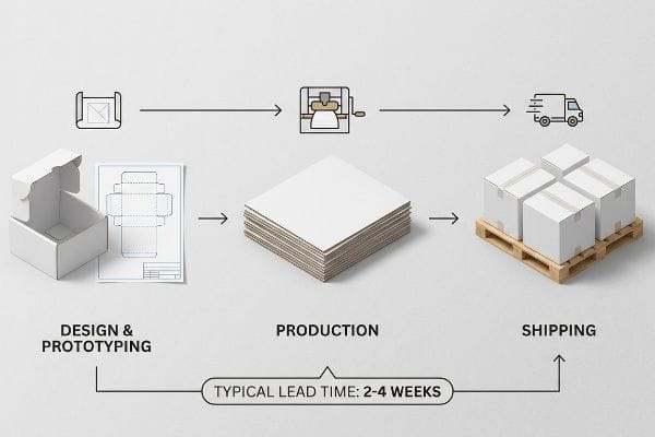 This diagram shows the white corrugated box order process: design & prototyping, production, and shipping, with a 2-4 week lead time.