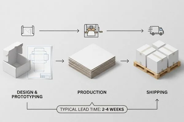 Dieses Diagramm zeigt den Bestellprozess für weiße Wellpappkartons: Design & Prototyping, Produktion und Versand, mit einer Lieferzeit von 2-4 Wochen.