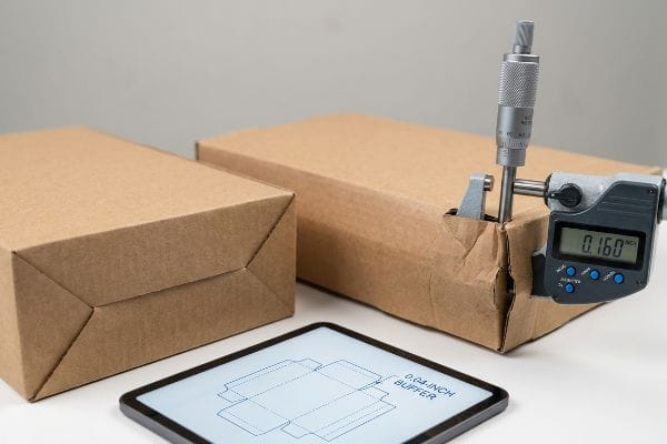 A digital micrometer measures the swollen 0.160-inch thickness of corrugated packaging, next to a tablet displaying a 0.04-Inch Buffer dieline.