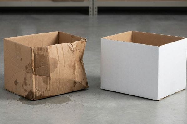 Water-damaged brown corrugated box with a collapsed side and moisture stains sits beside a pristine white shipping box on concrete, illustrating structural degradation.