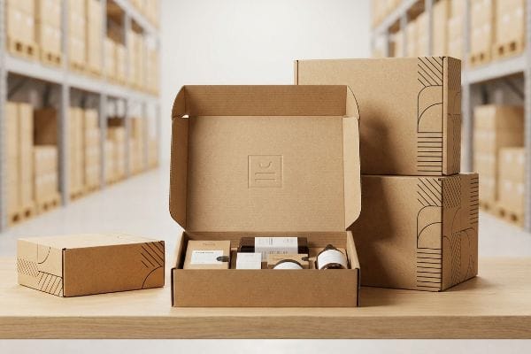 Corrugated Packaging Display Warehouse display of corrugated packaging boxes, one open with products, featuring geometric patterns and an embossed logo.