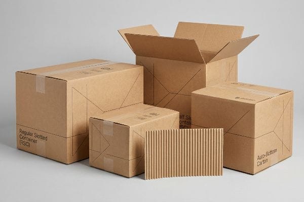 Common Corrugated Box Styles Brown corrugated cardboard boxes, featuring a Regular Slotted Container (RSC), Half Slotted Container (HSC), and an Auto-Bottom Carton, alongside a corrugated sheet.