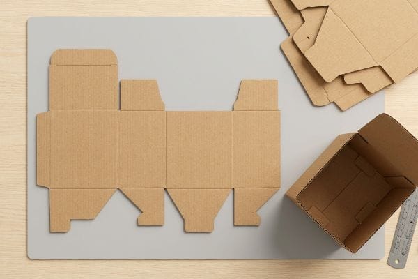 A workspace shows a flat die-cut corrugated cardboard box template on a grey mat, with an assembled box and blanks.