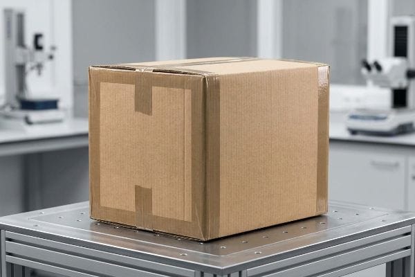 Sealed brown corrugated cardboard box on a metal lab table, representing a master carton for dynamic transit testing and protection.